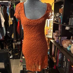 Heart & Hips Rust Orange Lace Scoop-Neck Mini Dress